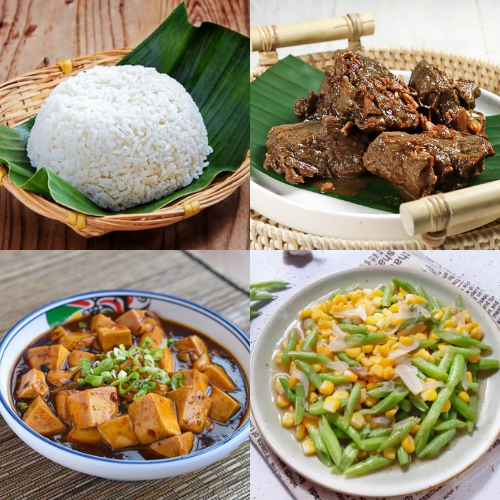 Nasi + Bacem Daging sapi + mapo tahu + Tumis Buncis dan Jagung